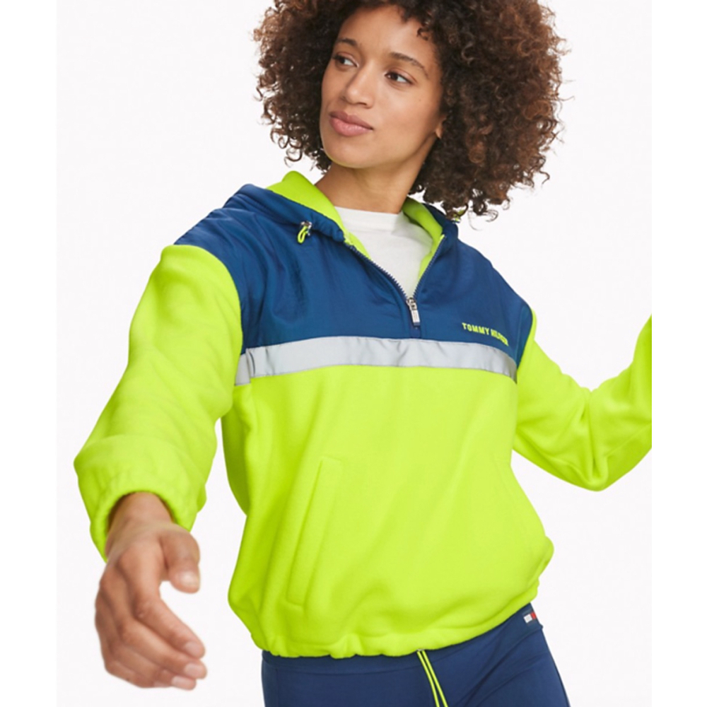 Tommy Hilfiger Sport Neon Yellow Polar Fleece Jacket Hooded Coat Size LARGE